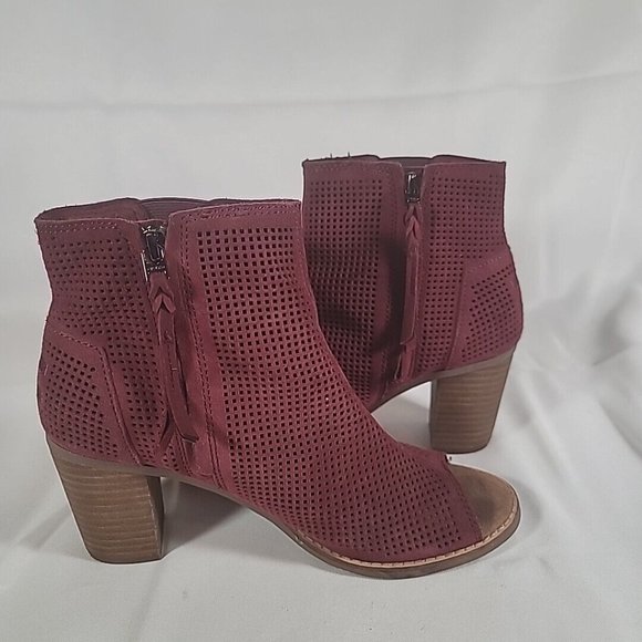 TOMS Suede Peep Toe Perforated Zip Ankle Booties Maroon Women Size 7.5 - Picture 7 of 11